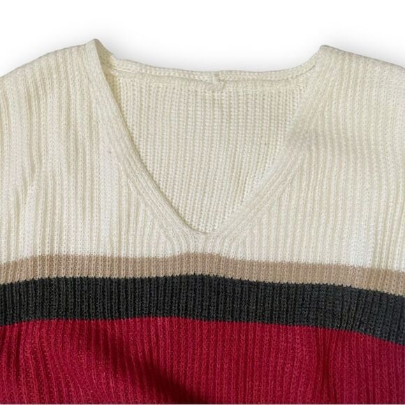 Alelly Color Block Wide Stripe Relaxed Fit V-Neck Ribbed Knit Sweater NWOT - Picture 8 of 13